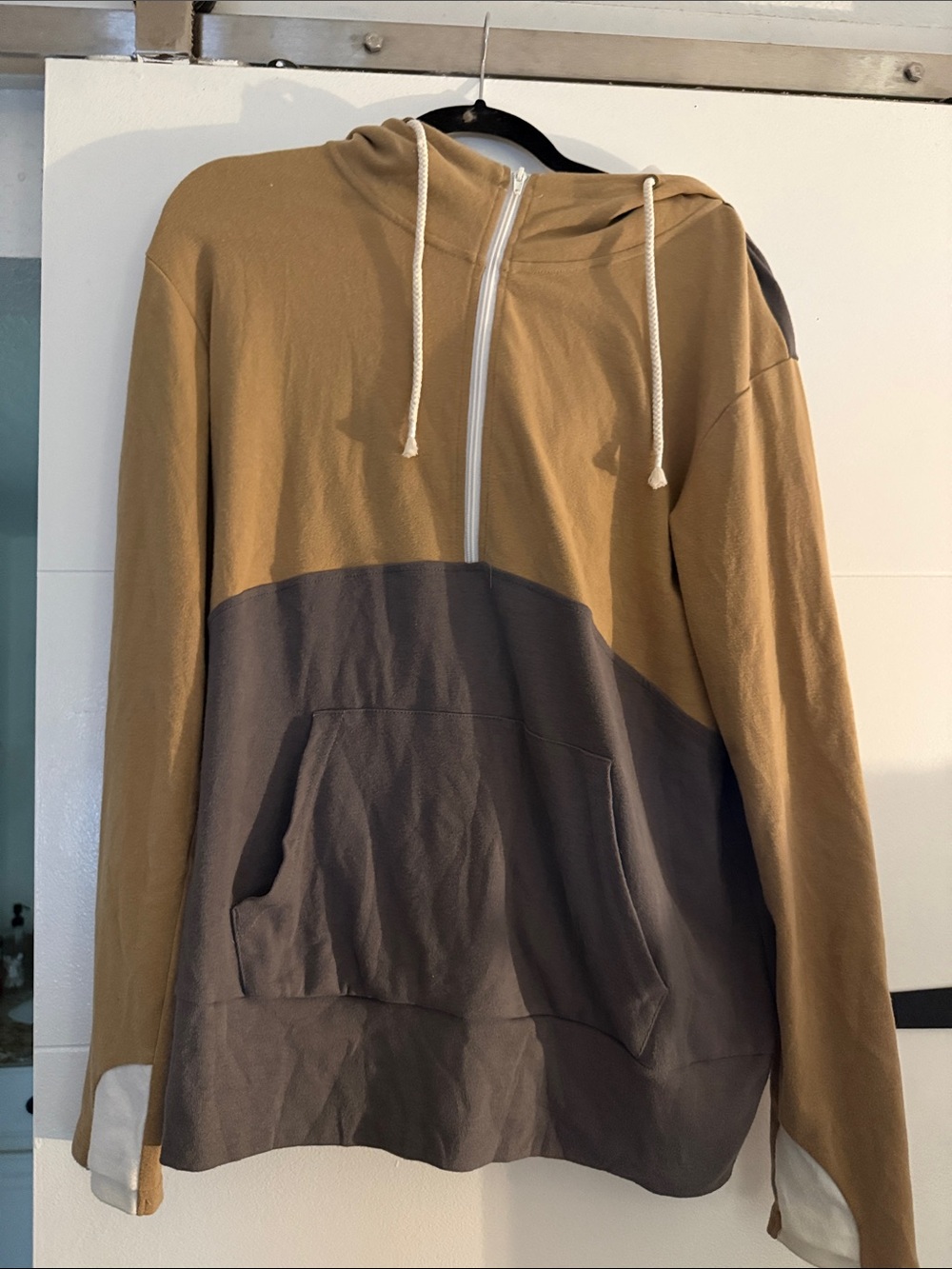 AMPERSAND AVE Two-Tone Hooded Half-Zip Pullover - Tan & Gray